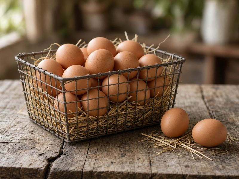 A wire basket of fresh brown eggs on a wooden table (illustrative image)